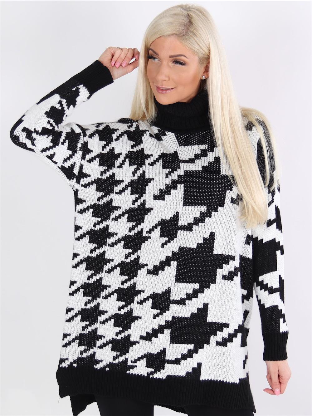 Jena - Koksgrå og sort ternet strikkjole med rullekrave